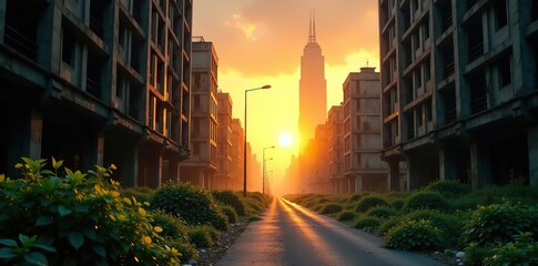 Overgrown abandoned city street with ruined skyscrapers at sunset in dystopian urban landscape,  street,  urban