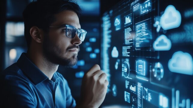 A cybersecurity architect designing secure cloud computing infrastructures, office with cloud architecture models and security data visible, High-tech style