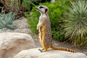 Fototapeta premium Family of cute Slender-Tailed Meerkats (Suricata suricatta) in zoo.. Beautiful simple AI generated image
