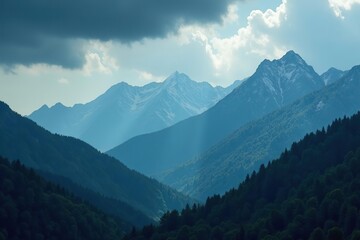 Fototapeta premium Majestic mountains shrouded in dark clouds, creating a mysterious and dramatic atmosphere, mountains, majestic