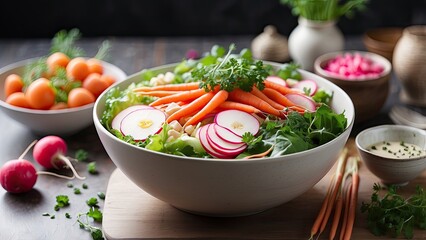 A vibrant bowl of fresh sushi ingredients featuring arranged sliced carrots,