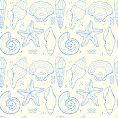 Seamless pattern of hand drawn sea shells on a light coloured background