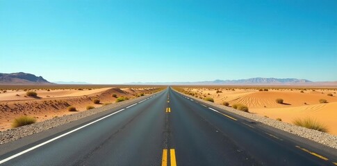 Highway cutting through desert under clear blue sky, leading towards distant horizon,  infrastructure,  exploration