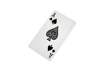 A floating playing card (Ace of Spades) in mid-air, isolated on a solid white background.
