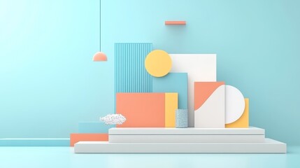Pastel geometric shapes arranged on tiered platform against light blue background
