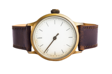 Vintage brass watch with brown leather strap and minimalist white dial, cut out