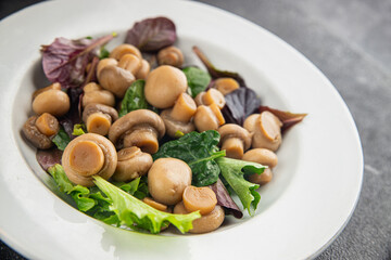 Champignon salad green lettuce canned mushrooms fresh delicious gourmet food background on the table rustic food top view copy space keto and paleo diet vegetarian and vegan food