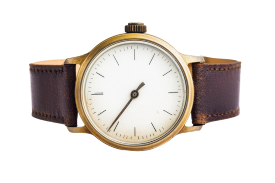 Vintage brass watch with brown leather strap and minimalist white dial, cut out