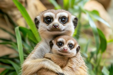 Obraz premium Slender-Tailed Meerkats (Suricata suricatta) in zoo.. Beautiful simple AI generated image