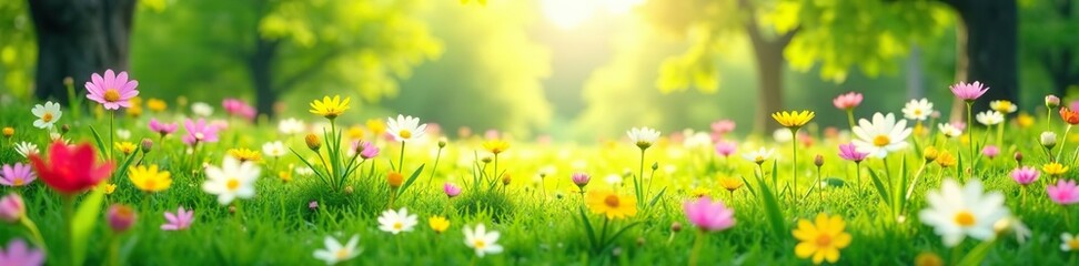 Fototapeta premium Lush meadow with colorful blooming flowers in springtime panoramic landscape, blooming, horizon
