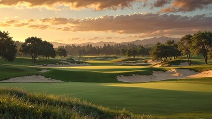 Scenic view of a lush golf course during sunset, featuring rolling hills, sand bunkers, a reflective water hazard, and vibrant golden light enhancing the peaceful landscape