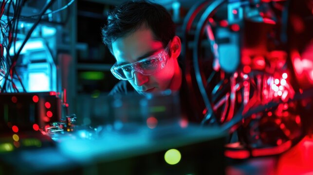 A cybersecurity researcher developing quantum resistant encryption algorithms, lab with quantum computers, encryption software
