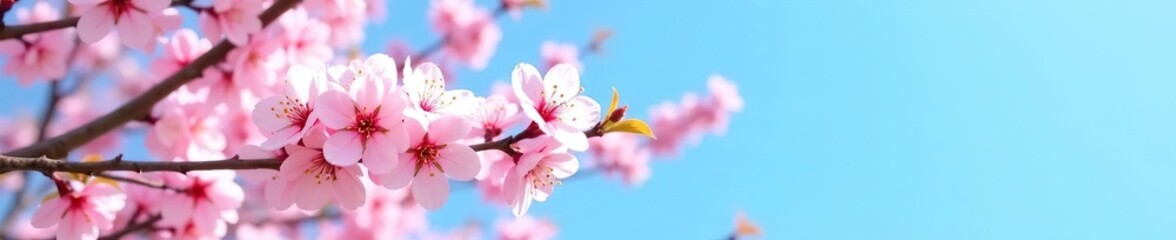 Fototapeta premium Lush pink and white cherry blossom tree branches against a bright blue sky in a springtime outdoor setting, outdoors, spring