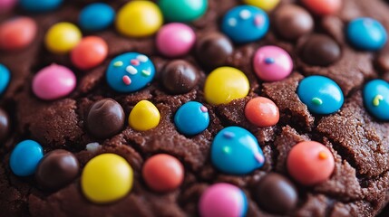 A close up of a chocolate cookie with colorful candy coated frosting