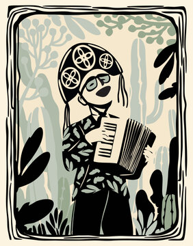 Accordion player. Musician from northeastern Brazil. Vector cordel woodcut illustration