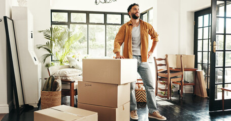 Moving in, smile and man with boxes, thinking and ownership of property with mortgage or real...