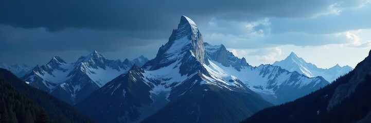 Fototapeta premium Majestic Seceda mountain peak against a dark sky backdrop in the Dolomites, Italian, majestic