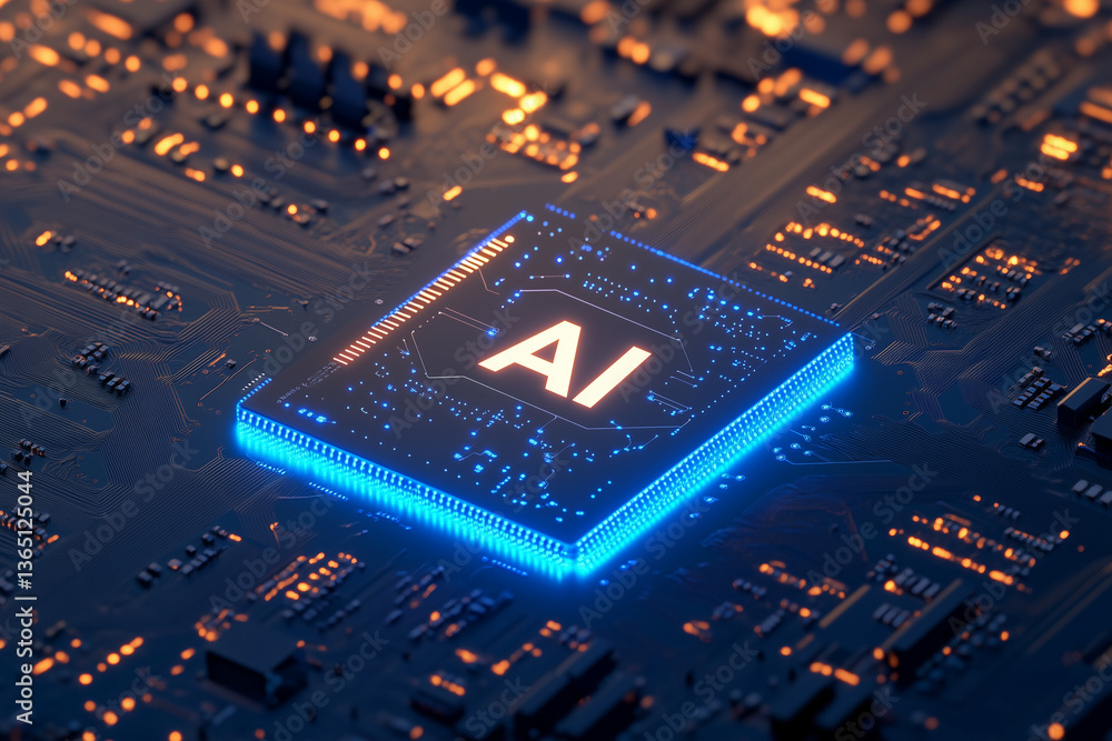 Poster close up of computer chip featuring letters ai, illuminated with blue light, showcasing intricate ci