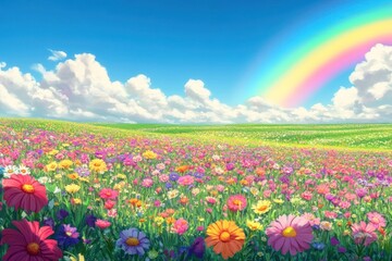 Fototapeta premium Landscape flowers field sky.