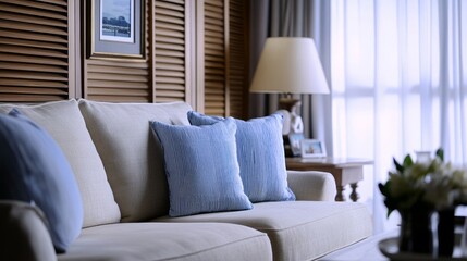 Fototapeta premium Cozy living room with plush blue pillow, a lamp, and a serene view through the curtains