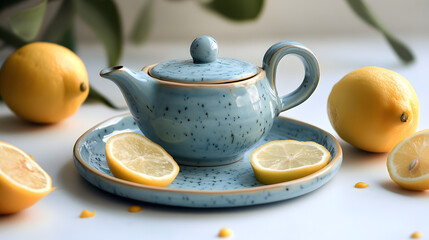 Fototapeta premium tea, cup, lemon, drink, white, fruit, food, citrus, breakfast, beverage, hot, yellow, coffee, healthy, isolated, teapot, closeup, fresh, ginger, mug, plate, green, saucer, herbal, slice