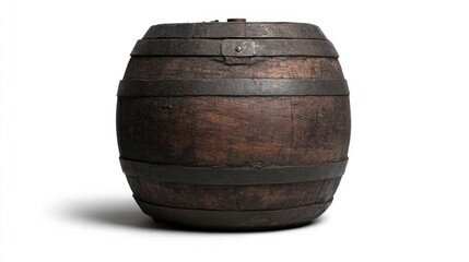 Fototapeta premium Aged wooden barrel, dark brown, metal bands. Aged appearance