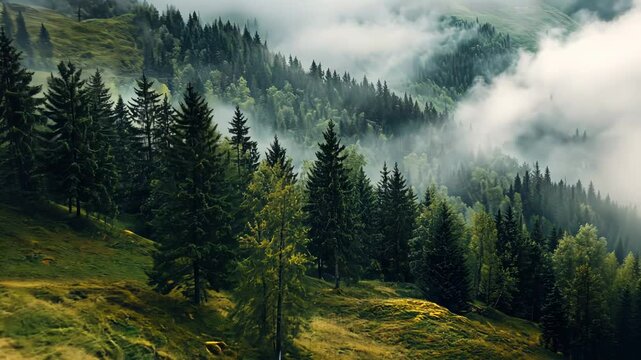 Misty mountain forest, green slopes, pine trees