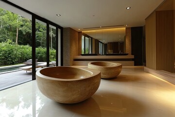 Modern spa bathroom with natural stone tubs.  Tranquil, spacious room showcasing large windows overlooking a lush garden and pool.  Elegant, minimalist design