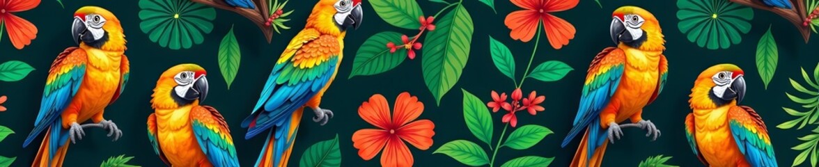Obraz premium Colorful parrots, tropical flowers, and lush leaves in seamless pattern, wildlife, nature, repeat