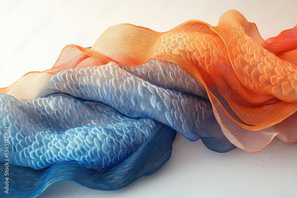 Poster abstract art of flowing fabric in shades of blue and orange, creating a wave-like pattern.