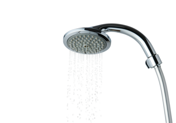 A floating rain showerhead with water droplets, isolated on a solid white background.