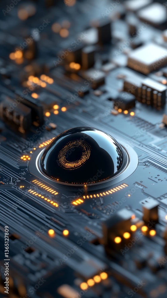 Poster details of a futuristic circuit board with glowing lights and a striking dome shape in a high-tech e