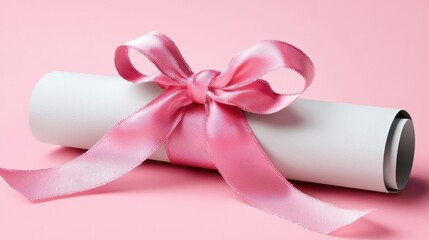 Elegant rolled paper scroll tied with a pink satin ribbon on soft pink background for celebration and decoration