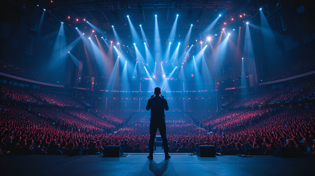 Singer performs a musical concert on stage in a huge packed stadium hall. Epic lights and flashlights