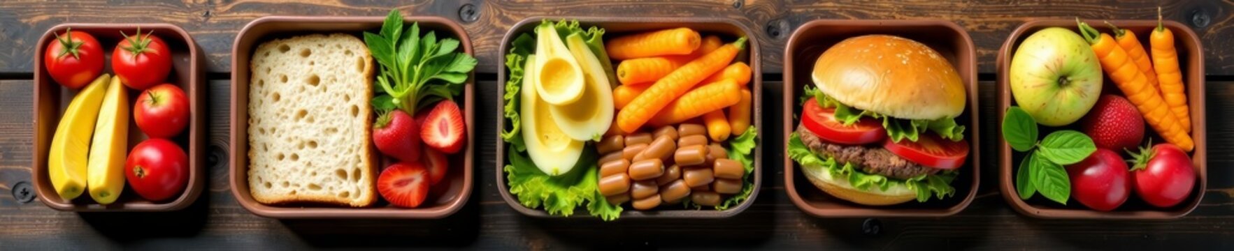 Composition of various lunch boxes with sandwiches and fruits on old wooden board, fruits, wooden table, lunchtime