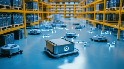 A futuristic AI driven autonomous supply chain system, robots and drones managing warehouse inventory and optimizing logistics in real-time, Logistics tech style