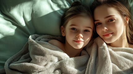 Heartwarming Moment Between Mother and Daughter in Soft Blankets with Gentle Natural Light