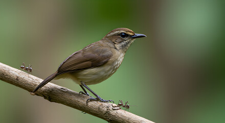 Antbird on Branch Observed by Ants in a Lush Tropical Environment
