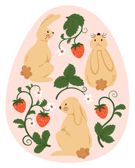 Composition of Easter Bunnies and Strawberry Branches with Berries and Blossoms on Egg Shape. Cute Spring Holiday Illustration for Greeting Cards, Invitations, Banners and Stickers