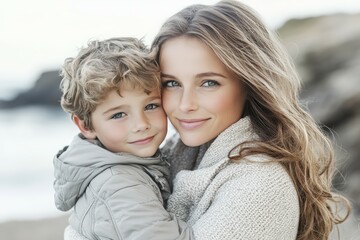 Newborn baby sleeps peacefully, pacifier in his mouth soothes him, his mom lies next to him in cozy bed, close-up.Goods for children. Beautiful simple AI generated image