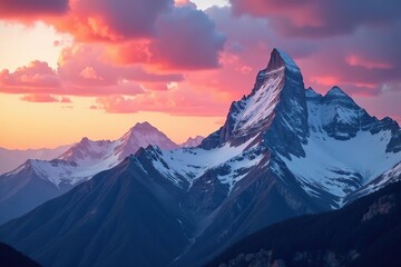 Fototapeta premium Majestic snow-capped mountains under a vibrant sunset sky, creating an awe-inspiring scene, snow, peaks
