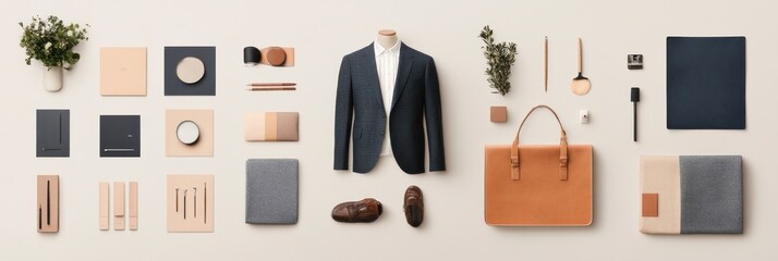 Obraz premium Flatlay showcasing men's attire, leather bag, stationery, and home decor