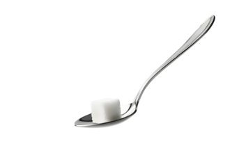 A floating silver spoon with a single sugar cube on top, isolated on a solid white background.