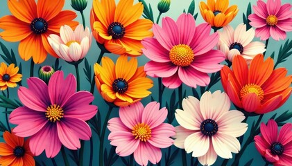 Bold, stylized floral shapes arranged in a square grid , simple, line, art deco