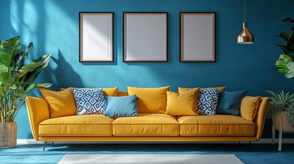 Modern Mustard Yellow Sofa Teal Walls Home Decor Interior Design Stylish Living Room Apartment Comfortable Furniture Cozy Room Bright Sunlit Space    