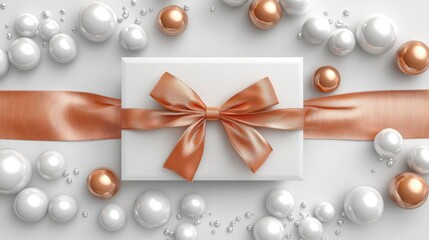 Elegant gift box with a satin ribbon surrounded by shiny pearls and decorative elements for celebrations