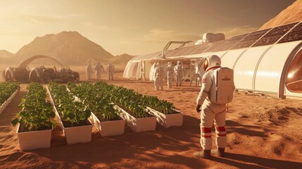 A futuristic AI driven hydroponic farming station on Mars, astronauts tending to genetically modified crops in a self-sustaining habitat, Space tech style