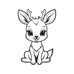 sleek black and white vector illustration of a baby deer standing gracefully with a joyful face on a white background