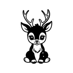 A black and white vector silhouette of a baby deer looking over its shoulder with a cheerful expression on a white background