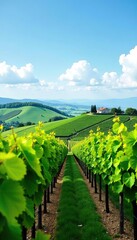 Fototapeta premium Lush vineyards in Tuscany with rolling hills under a clear blue sky, mountains, sunny